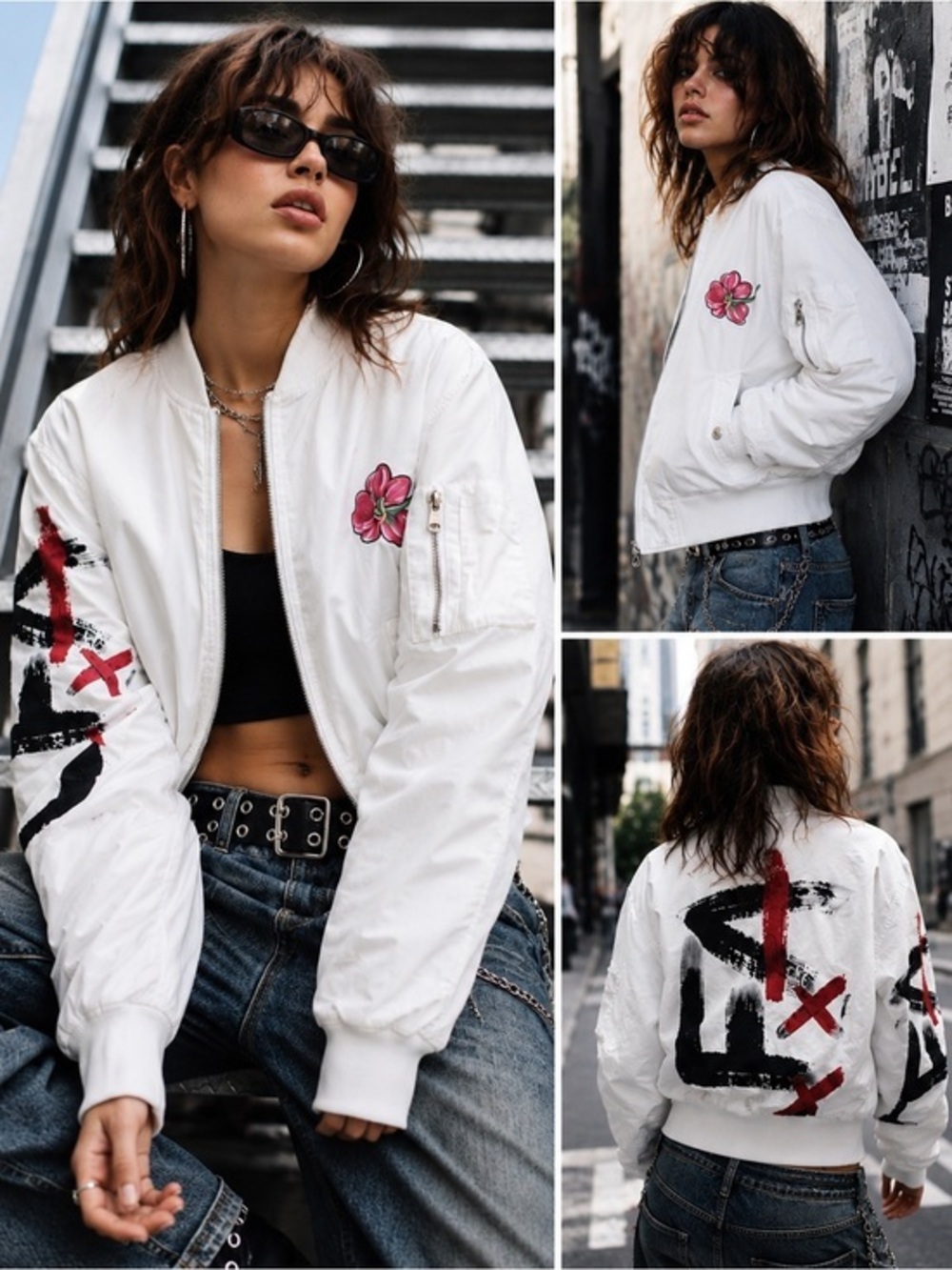 LFA New York White Graffiti Bomber M Jacket Indie Sleaze Editorial Floral